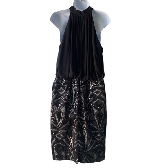 Vince Camuto Black Sequin Sleeveless Cocktail Dress Size 10 Blouson Halter - Picture 2 of 14